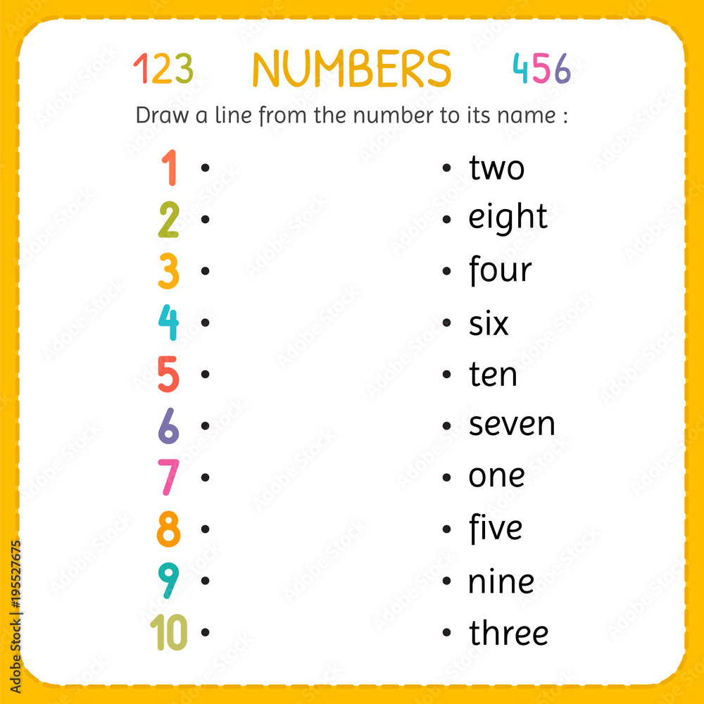 Draw A Line From The Number To Its Name Numbers For Kids Worksheet For Kindergarten And Preschool Training To Write And Count Numbers Exercises For Children Stock Vector Adobe Stock