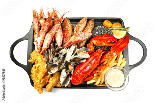 Delicious seafood platter on white background photo