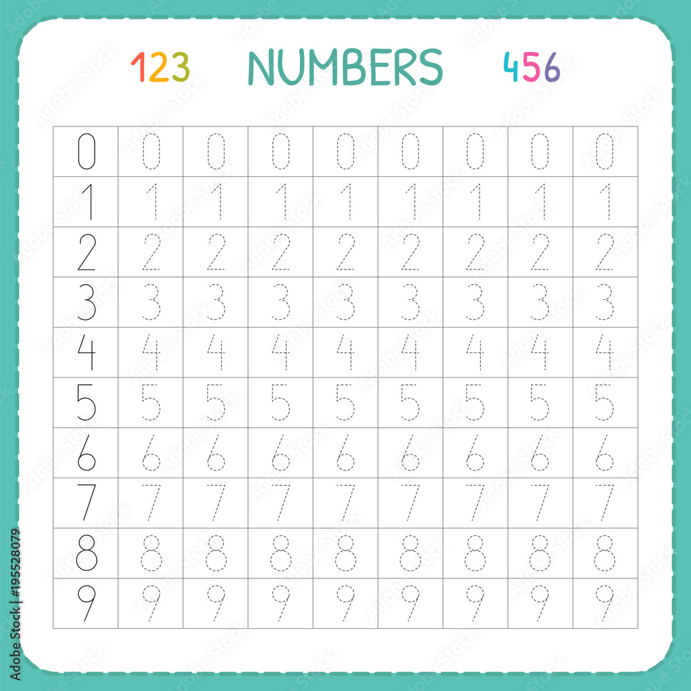 Vettoriale Stock Numbers for kids. Worksheet for kindergarten and  preschool. Training to write and count numbers. Tracing exercises for  children | Adobe Stock