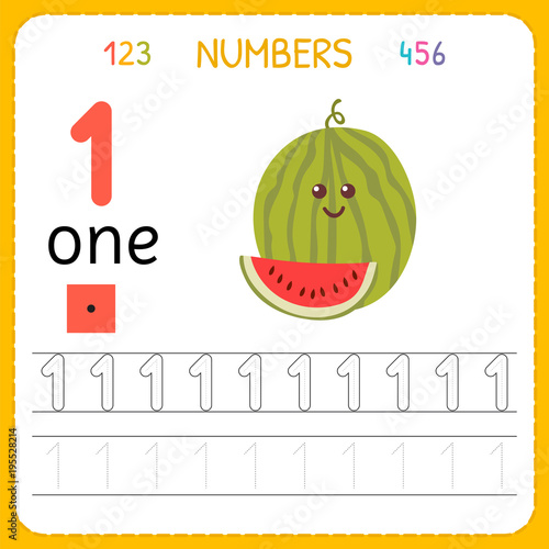 Numbers tracing worksheet for preschool and kindergarten. Writing number One. Exercises for kids. Mathematics games