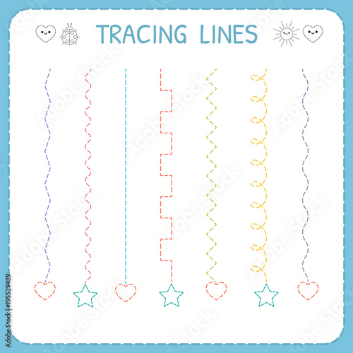 Trace line worksheet for kids. Working pages for children. Preschool or kindergarten worksheet. Basic writing