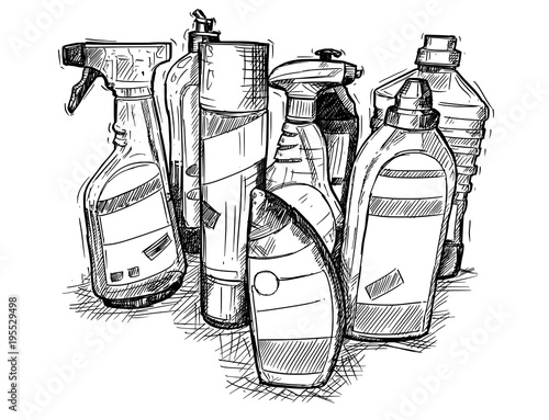 Vector artistic pen and ink hand drawing illustration of house cleaning products.
