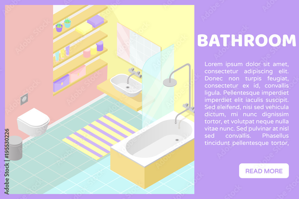 Vector isometric low poly cutaway interior illustartion. Bathroom with ...