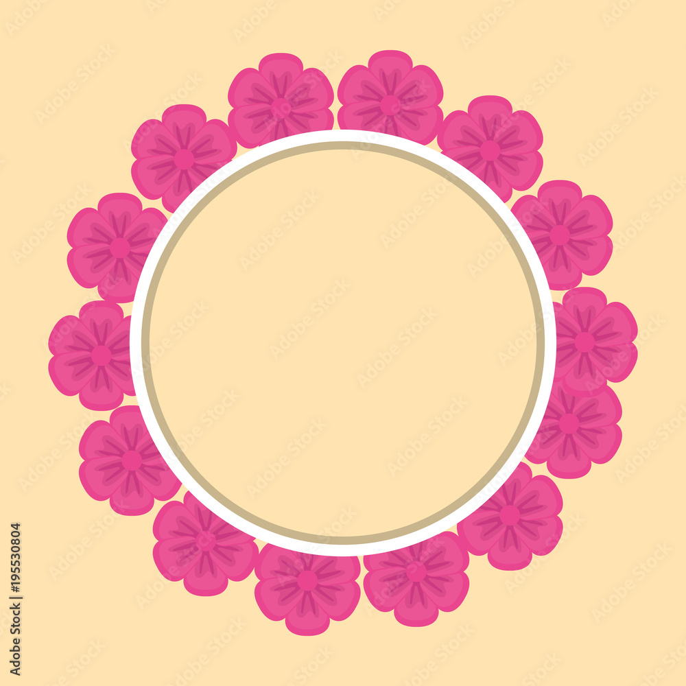 Naklejka premium decorative circular frame with pink tropical flowers over yellow background vector illustration