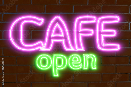 3D rendering, illustration, neon advertising, cafe open, light board
