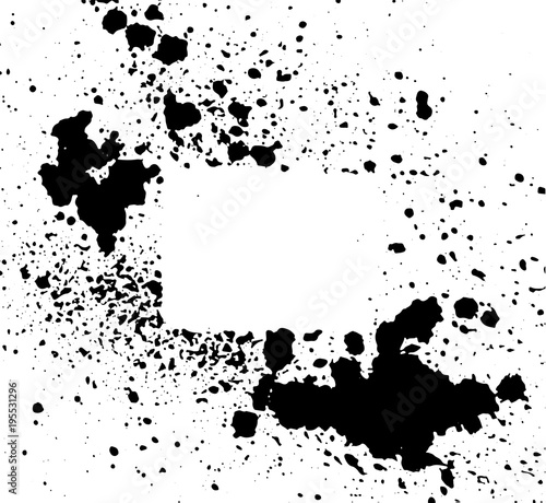 Grunge poster. Modern design with spray black ink splash brushes ink droplets blots. Black splash on white background. Vector illustration grunge frame with space for your advertising offer