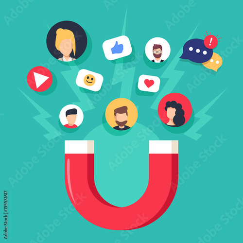 Social media concept vector illustration with magnet engaging followers and likes. Influence marketing photo