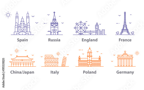 Landmarks icons set, world capitals symbols. Paris and London, Moscow and Spain, France and China and more.