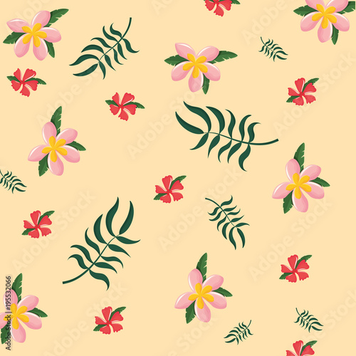 plumeria flower and tropical leaves background  colorful design vector illustration