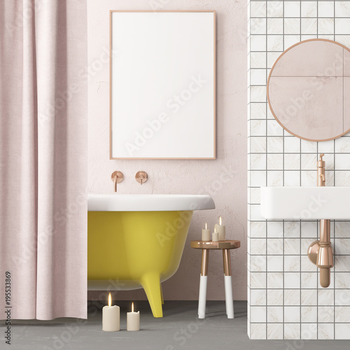 Mock up poster in the bathroom in a vintage style. Trend color. 3d.