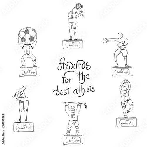 sports awards, various sports, vector image, set of players icons,doodle style