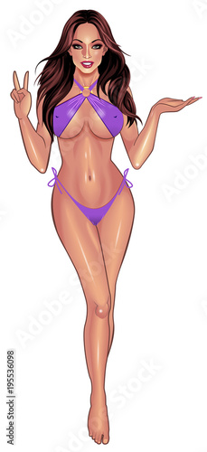 Beautiful sexy young women in purple bikini isolated on white background. Beach summer lady with with perfect fitness body. Use for logos, print products, web decor or other design. Vector.