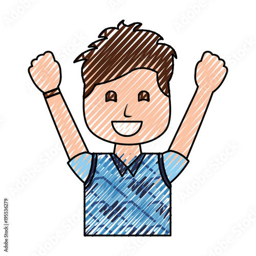 portrait happy man with vest clothes raised hands vector illustration drawing image