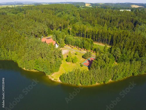 Aerial view of recreational area on lake Trnavka. Beautiful nature scenery from above in Vysocina, Czech republic, European union.  photo