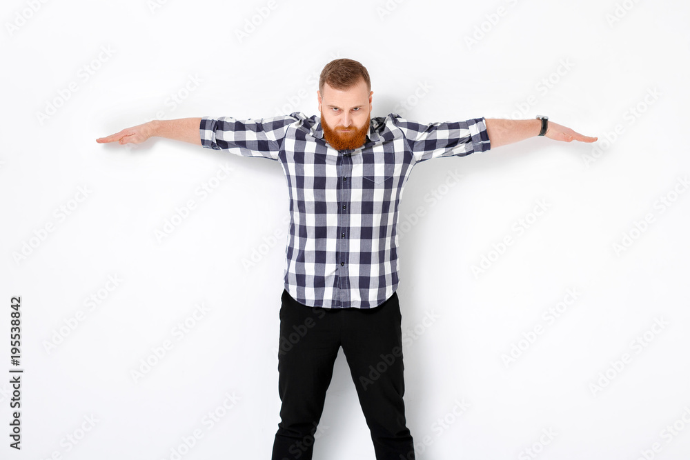 man with beard pointing copy space. man with beard pointing copy space.