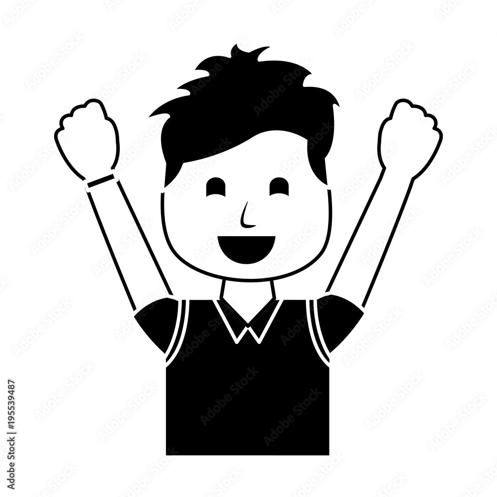portrait happy man with vest clothes raised hands vector illustration black and white image portrait happy man with vest clothes raised hands vector illustration black and white image
