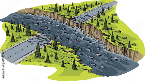 A cartoon scene of a road that has been washed out by raging flood waters.