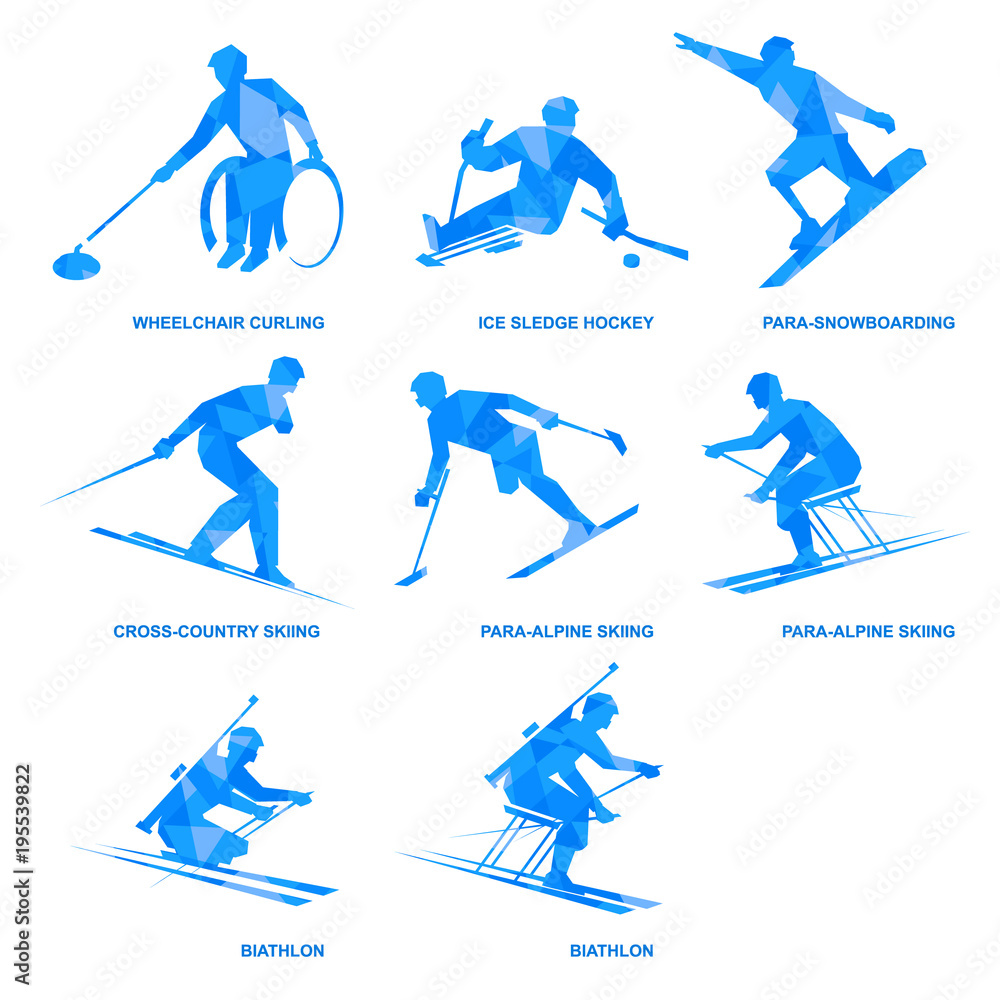 Winter sports icon set. Eight silhouettes of athletes with disabilities