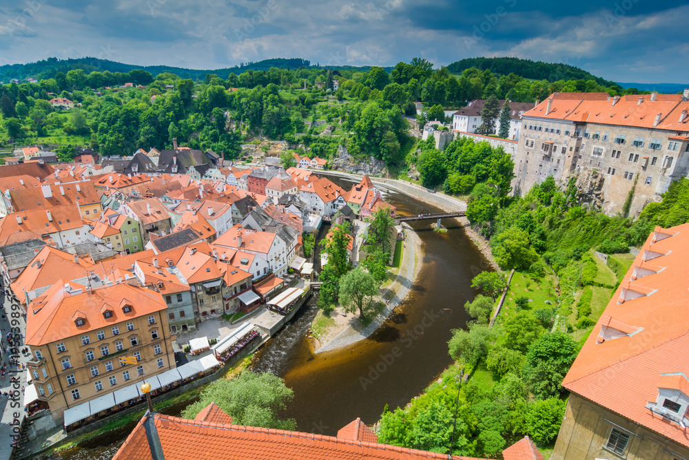 Cesky Krumlov in Summer time - Latran lower town and Vltava village seen from the castle tower