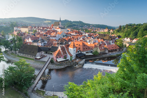 Morning view over Cesky Krumlov Latran town and vltava river in Summer time