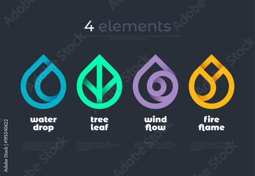 Nature elements. Water, Fire, Earth, Air. Gradient logo on dark background. Alternative energy sources line logo. Eco logo    