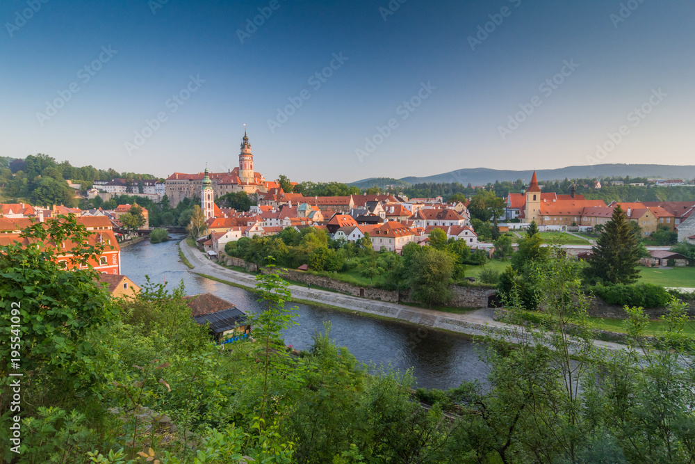 Cesky Krumlov castle and Vltava river view in the morning, in Summer time
