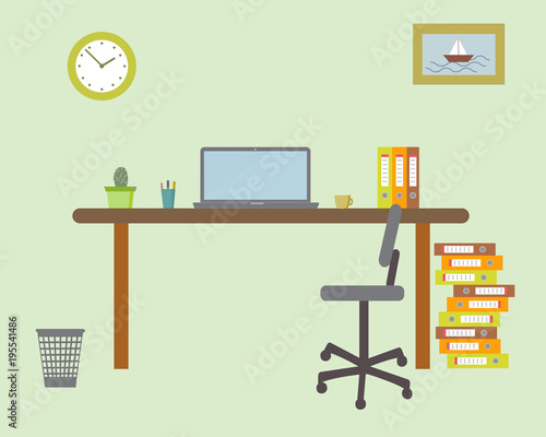 A working place in the office on the green background. Vector illustration. Table, chair, clock, picture, pile of folders, bin. Perfect for advertising, brand sites and magazines 