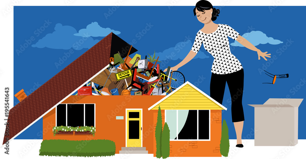 Woman decluttering, throwing away things from a house, overflown by stuff, EPS 8 vector