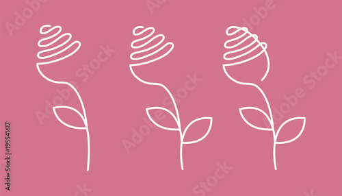 Continuous line rose with leaves. Abstract modern decoration, logo. Vector illustration. One line drawing of flower form. Fancy line art of blossom. Black and white. Trendy concept for card, banner