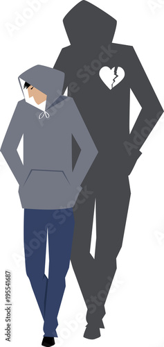 Depressed teenage boy, his shadow shows a broken heart, EPS 8 vector illustration 