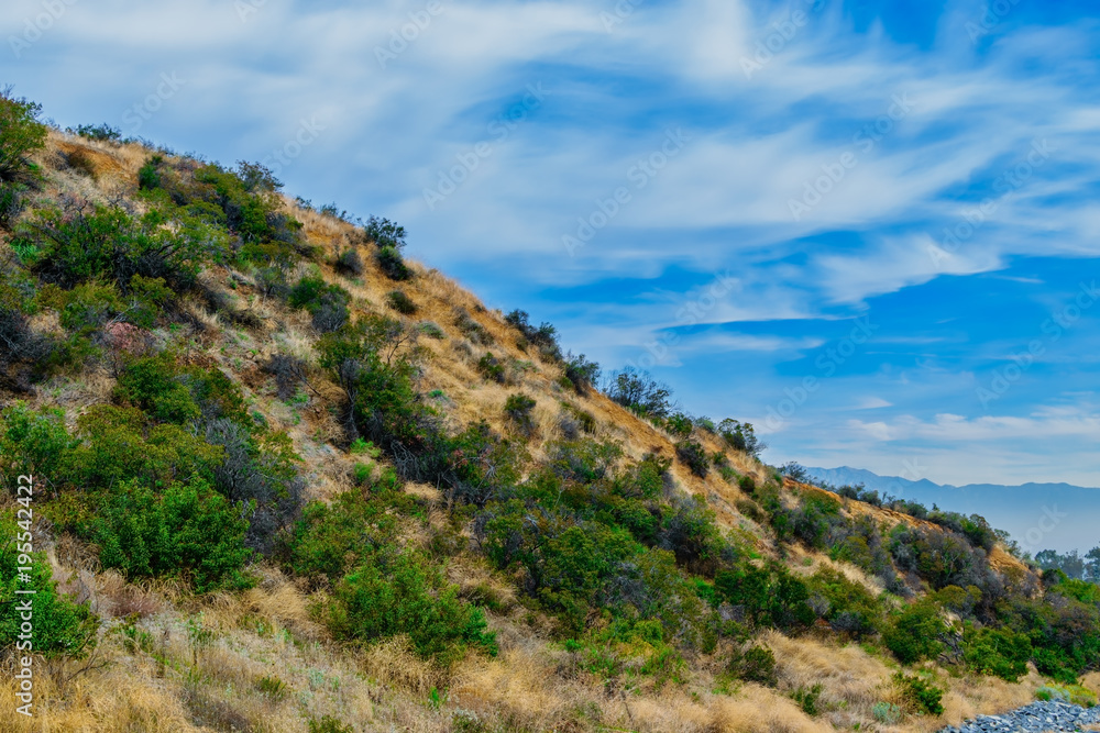Fototapeta premium Wispy clouds float over the ridge on early morning hike