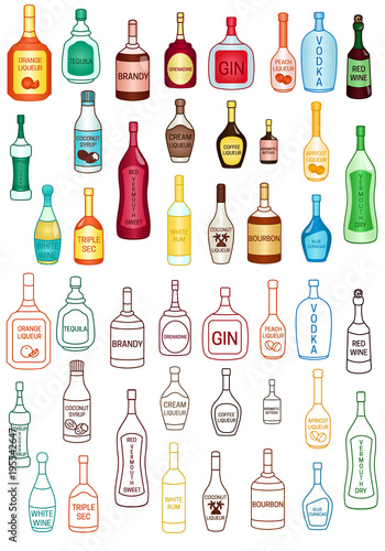 Set of different kinds of alcohol drinks vector colored illustration