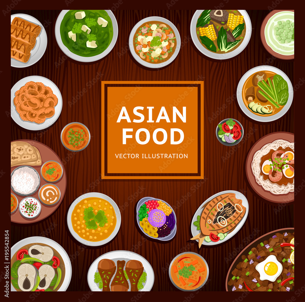 Asian food. National dishes on a wooden background. Vector flat illustration. Asian food. National dishes on a wooden background. Vector flat illustration.