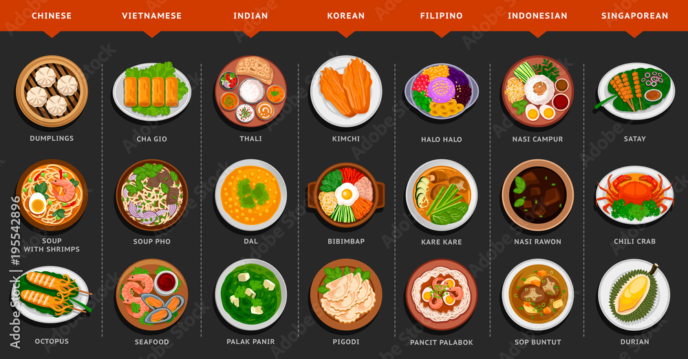 Big set of asian food. Vietnamese, Korean, Indonesian, Indian, Chinese ...