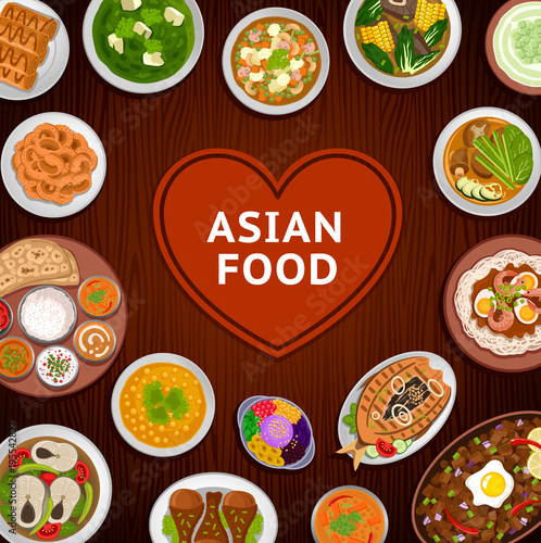 Asian food. National dishes on a wooden background. Indian and Philippine cuisine. Vector flat illustration.