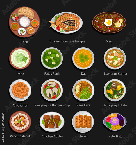 Asian food. Philippine and Indian cuisine. Big set of national dishes. Vector flat illustration.