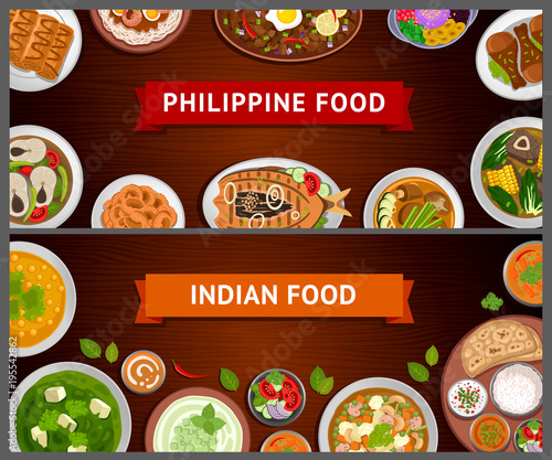 Philippine and Indian cuisine. Asian food. National dishes on a wooden background. Horizontal web banners. Vector flat illustration.