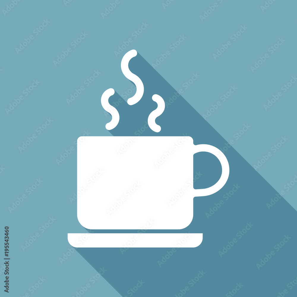 cup of hot tea or coffee icon. White flat icon with long shadow on background cup of hot tea or coffee icon. White flat icon with long shadow on background