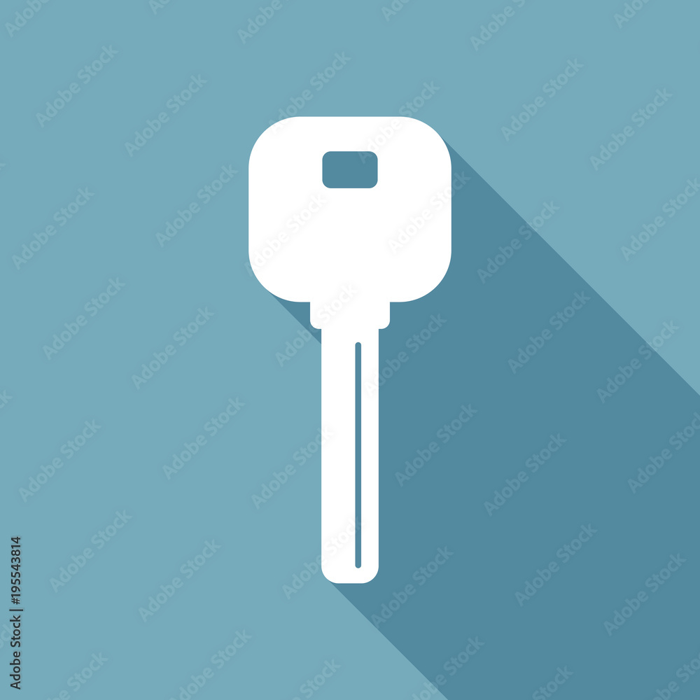 key icon. White flat icon with long shadow on background key icon. White flat icon with long shadow on background
