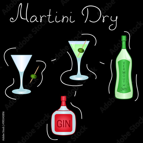 Martini Dry Cocktail ingredients isolated vector colorful illustration