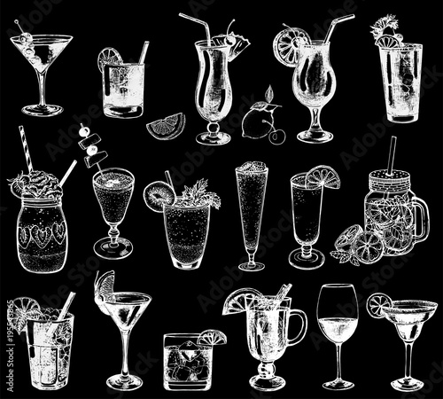 Set of hand drawn sketch style alcoholic and soft drinks. Isolated vector illustration.