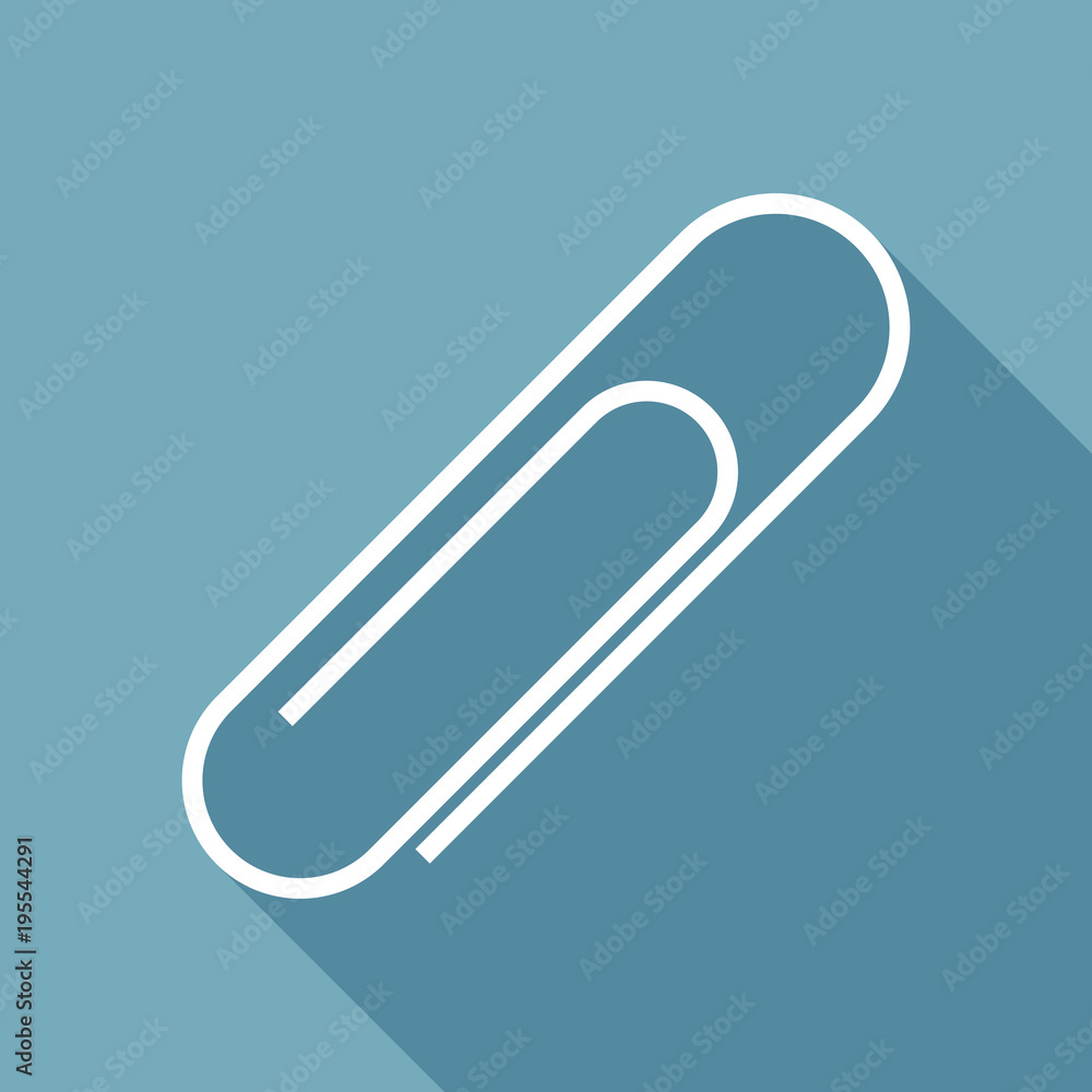 Paper clip icon. White flat icon with long shadow on background Paper clip icon. White flat icon with long shadow on background
