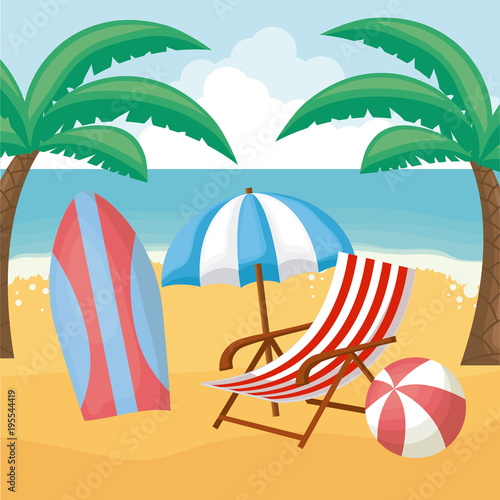Beach with surfboard and parasol and other related icons  colorful design vector illustration