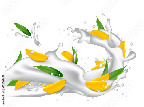 Milk splash 3d illustration with slices of mango, peach, apricot, nectarine, apple.  Cream pouring wave yogurt packaging template. Vector EPS10.