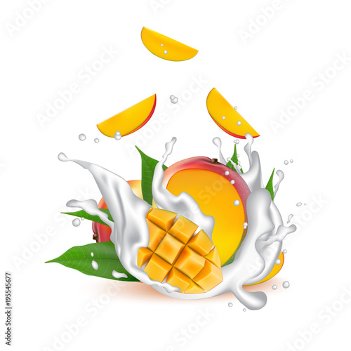 Milk splash 3d illustration with falling slices of mango fruit cubes, leaves, slices. Cream pouring wave yogurt packaging template.  Vector EPS10.