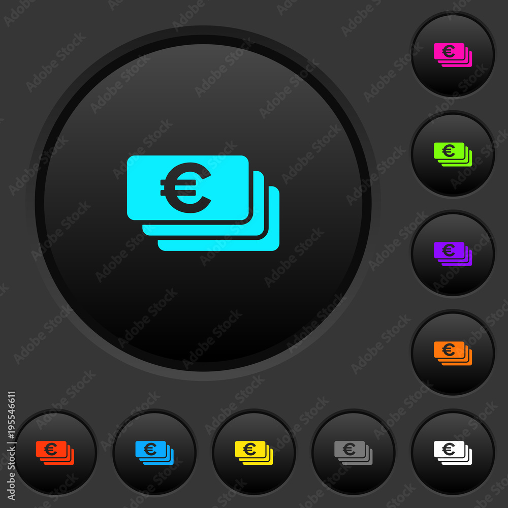 Euro banknotes dark push buttons with color icons Euro banknotes dark push buttons with color icons