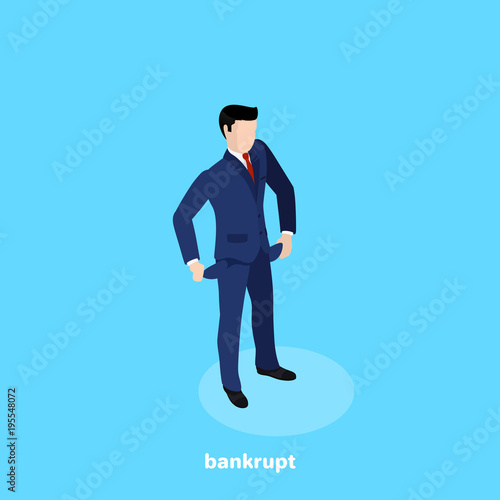 the man in the business suit turned out empty pockets in his trousers, an isometric image