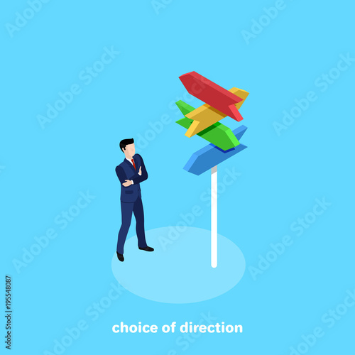 a man in a business suit stands in front of signposts on a column, an isometric image