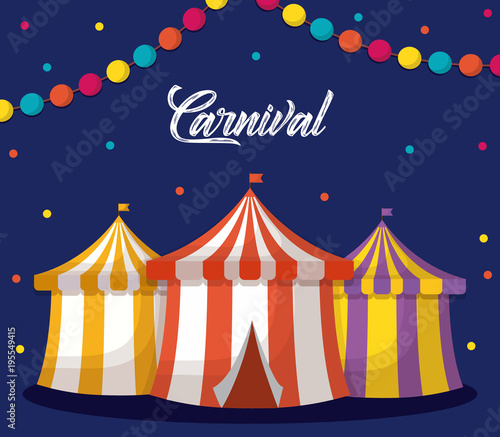 Circus carnival design with decorative pennants and circus tents icon over blue background, colorful design vector illustration