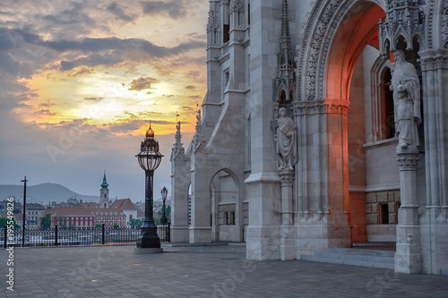Photography Fragment of Budapest Parliament building with stone carving and entrance gate at
